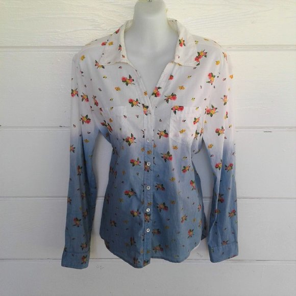 Pink Rose Tops - White Blue Floral Button Down Shirt Long Sleeves L